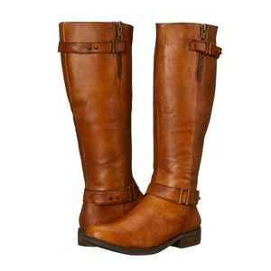 NWOT Steve Madden ALYY Riding Boots Cognac Genuine Brown Leather Straps Zips 8.5